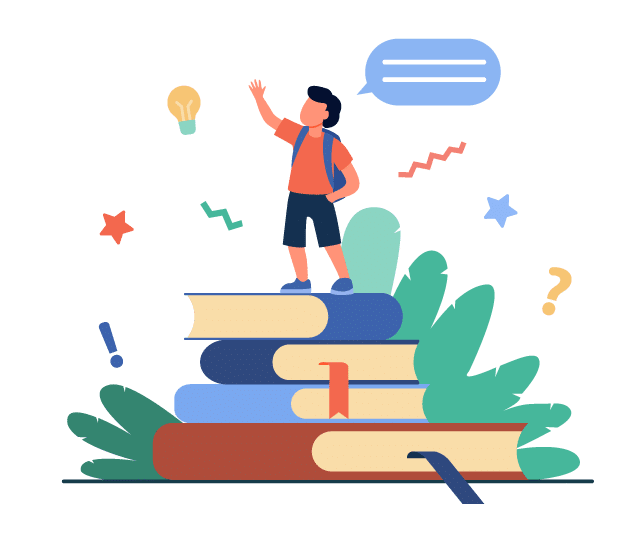 Illustration of a child with a backpack standing on a stack of large books, reaching for a light bulb, with speech bubble and decorative elements in the background.