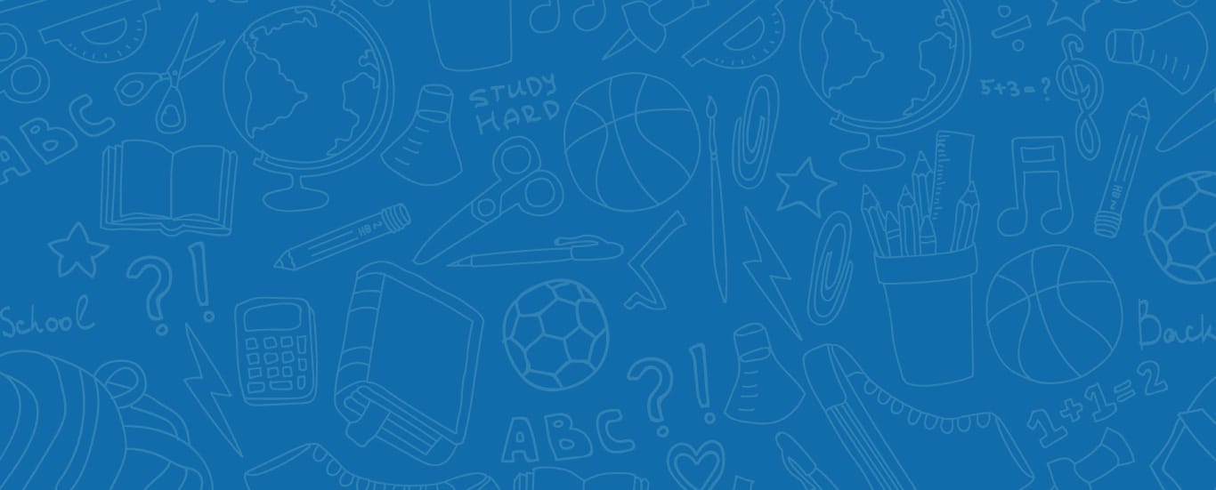 Blue background with white outlined drawings of school supplies, including globes, books, scissors, pencils, a calculator, ball, apple, and musical notes.
